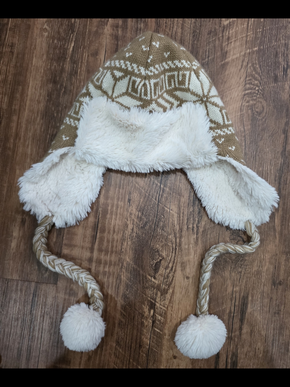 Muk Luks Tan and White Faux Fur Trapper Hat with Braided Tassels